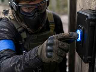 Joueur Airsoft capturant une borne DCS pour l’équipe bleue