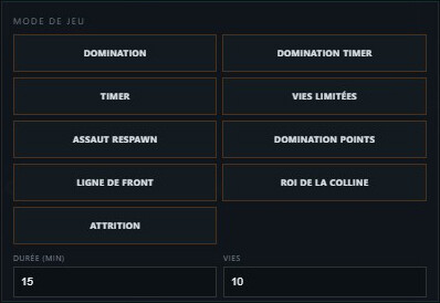 Écran de sélection des modes de jeu du DCS